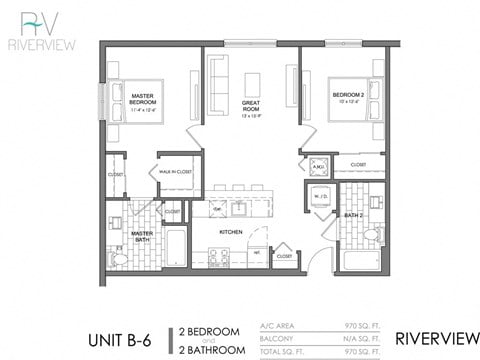 Floor plan for 2 beds, 2 baths, 970 sqft